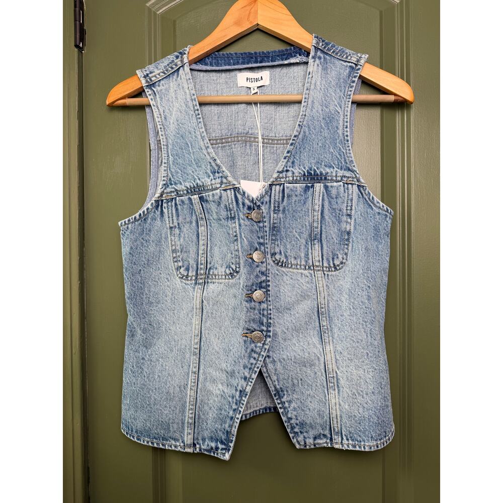 NWT Pistola Gia Fitted Collarless Rigid Denim 90s Vest Blue Hazy Women's Small